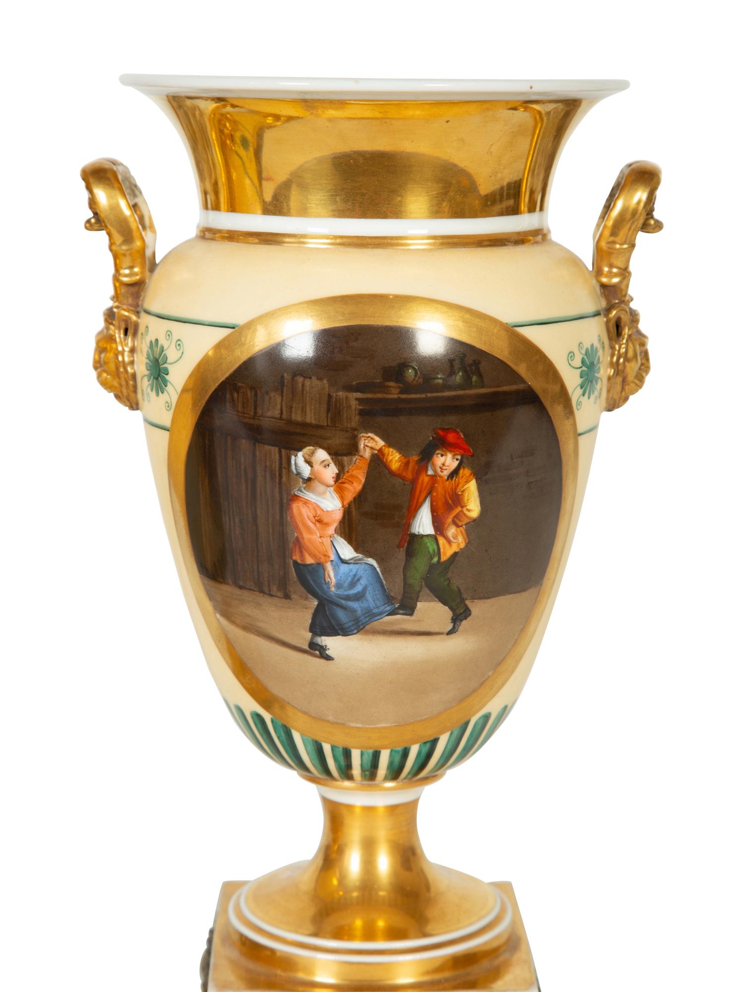 A Pair of Continental Painted Porcelain Urns