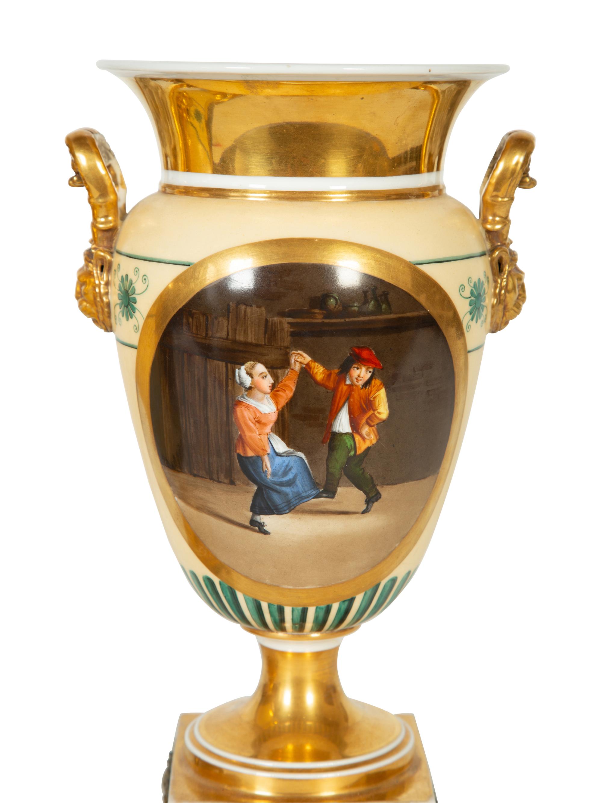 A Pair of Continental Painted Porcelain Urns