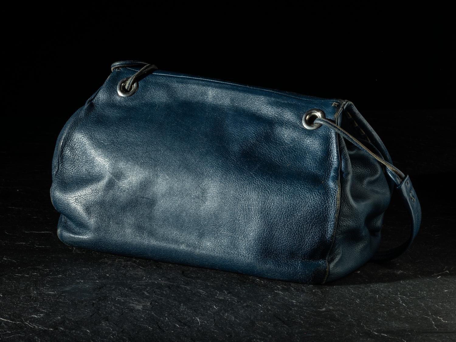 Large Navy Blue Drawstring Purse, with Sand Cast Silver Decoration