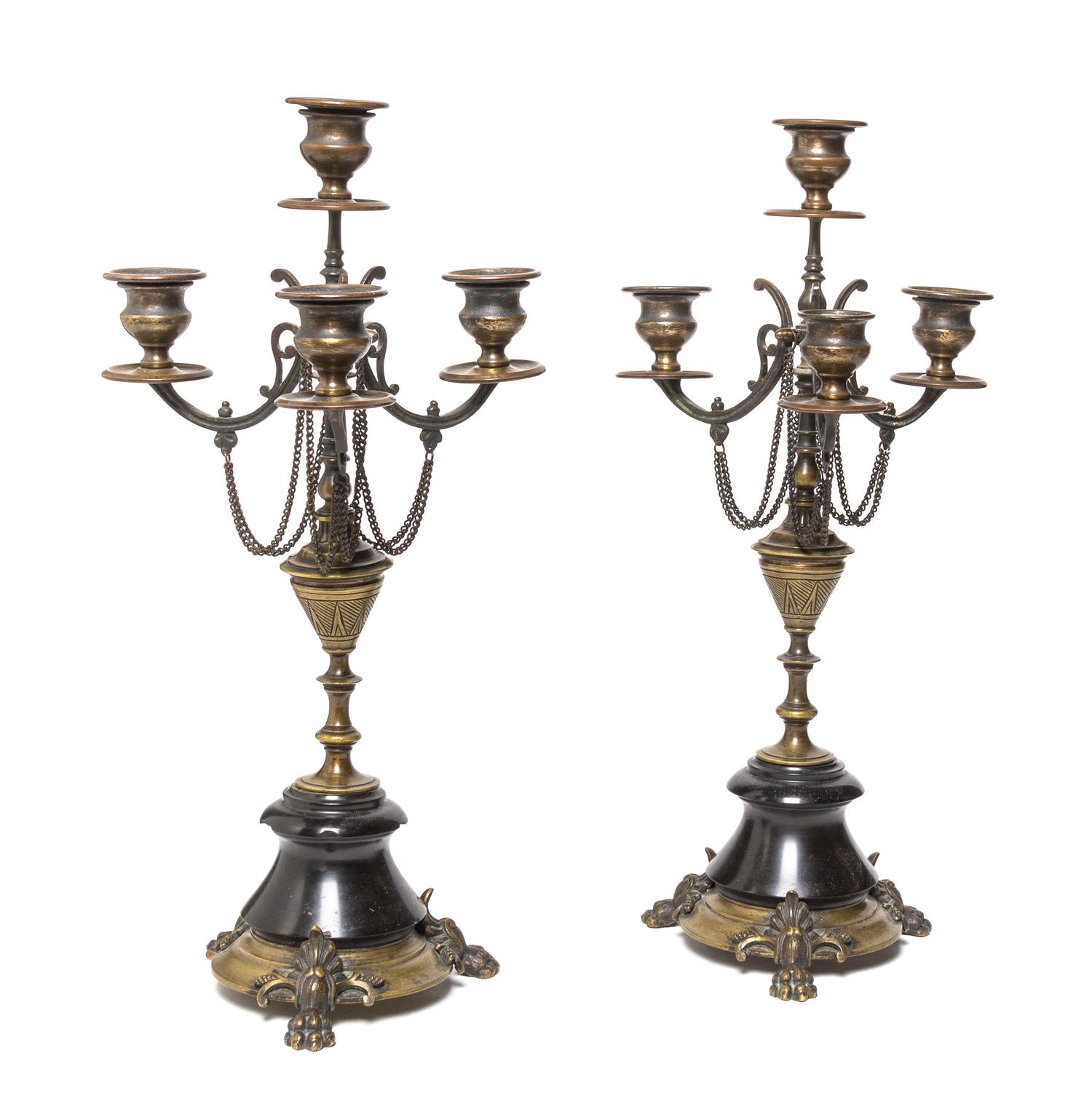 A Pair of Neoclassical Brass Four-Light Candelabra, Height 15 inches.