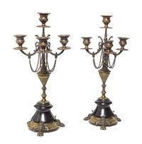 A Pair of Neoclassical Brass Four-Light Candelabra, Height 15 inches.