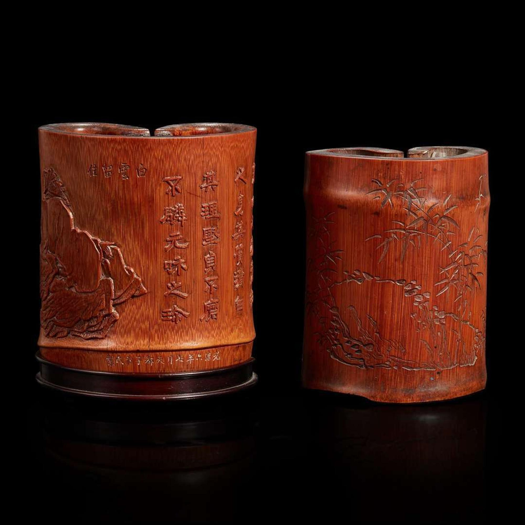 Two Chinese carved bamboo brushpots