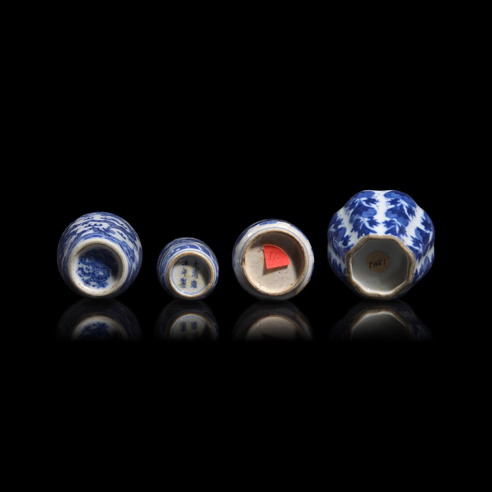 Three Chinese Blue and White Porcelain Snuff Bottles and a Snuff Jarlet, 19th Century