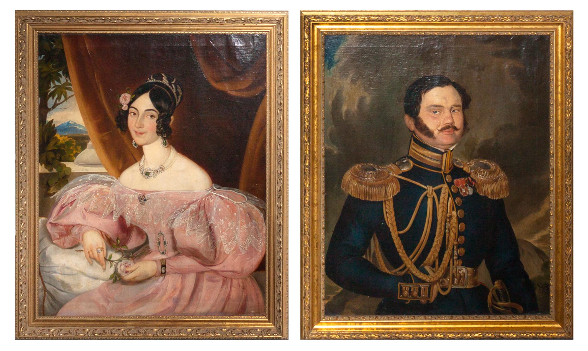 A Pair of Portaits on Canvas, Height of frame 41 1/4 x width 33 7/8 inches.