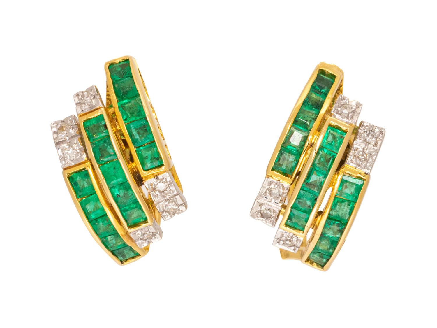 A Pair of 18 Karat Yellow Gold, Emerald and Diamond Earrings,