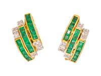 A Pair of 18 Karat Yellow Gold, Emerald and Diamond Earrings,