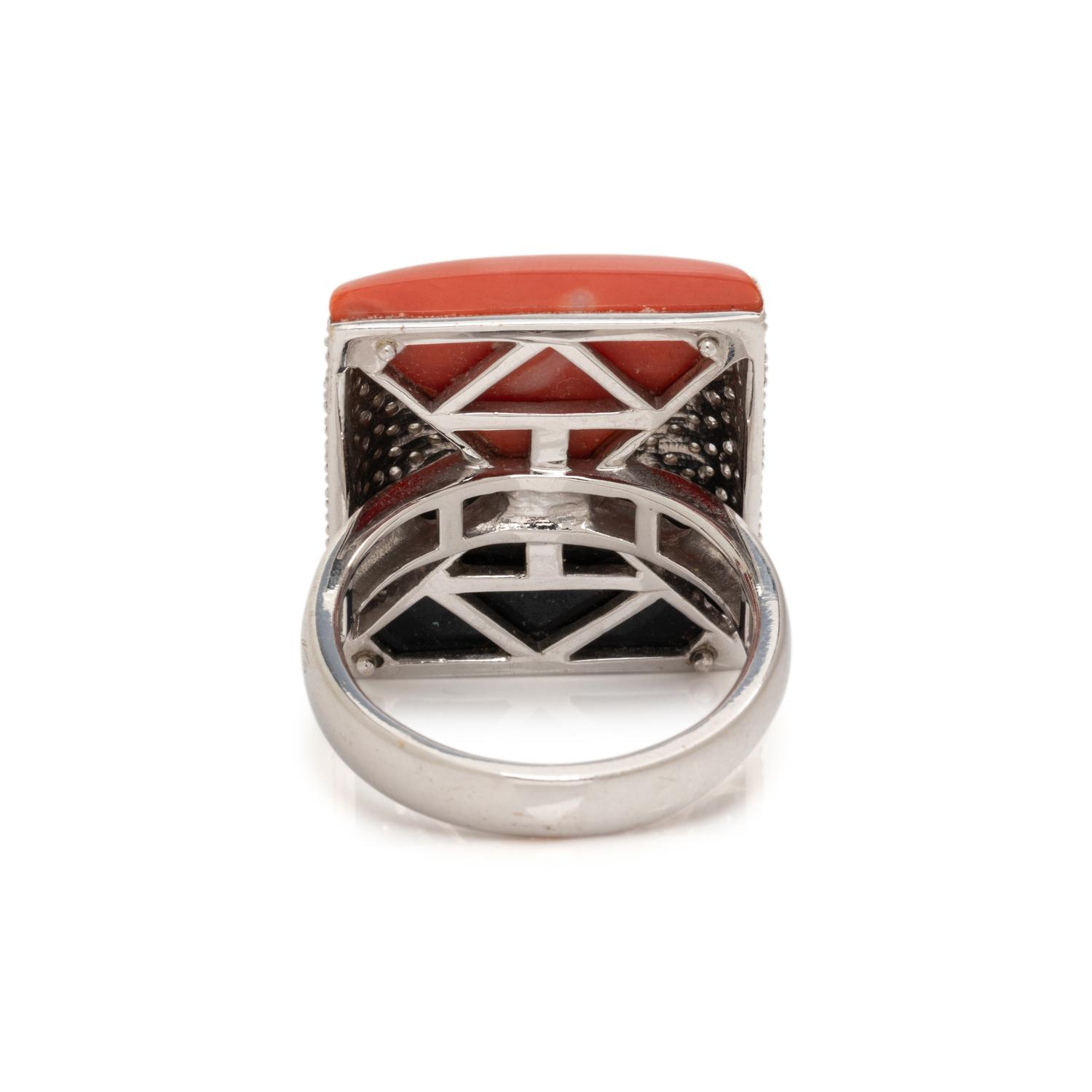 DIAMOND, CORAL AND ONYX RING
