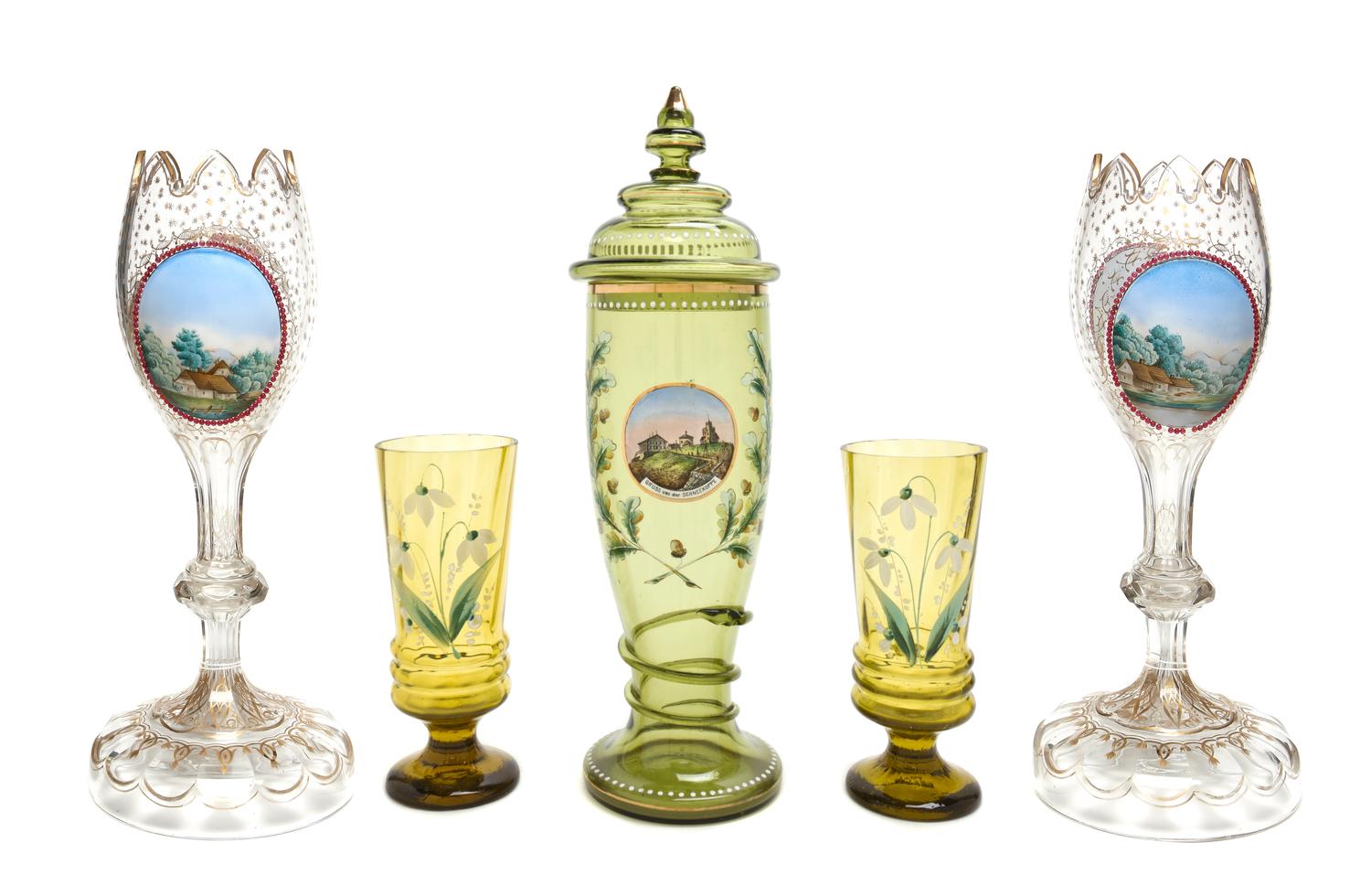 Five Bohemian Enameled Amber Glass Articles, Height of tallest 13 1/2 inches.