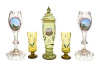 Five Bohemian Enameled Amber Glass Articles, Height of tallest 13 1/2 inches.