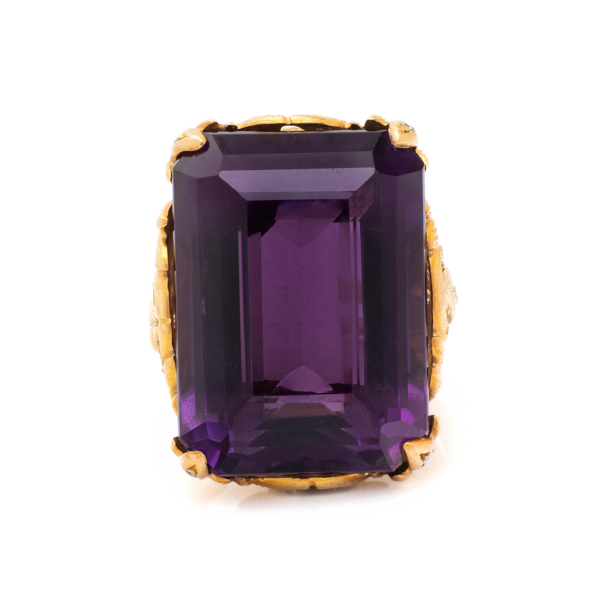 AMETHYST, DIAMOND, AND YELLOW GOLD RING