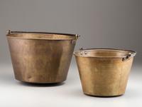 A Copper and Wrought Iron Bowl and Two Spun Brass Buckets