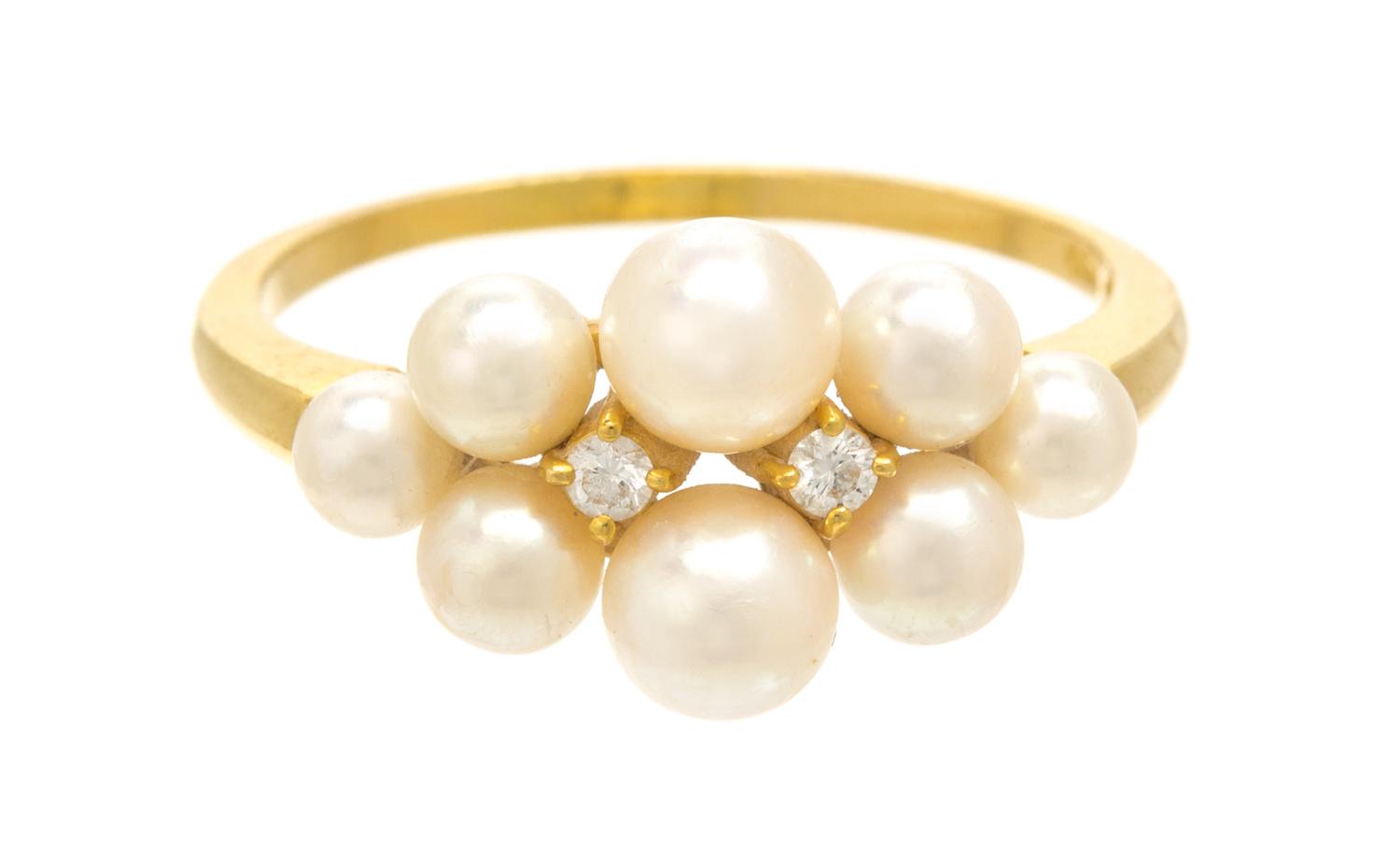 An 18 Karat Yellow Gold, Cultured Pearl and Diamond Ring, Mikimoto, 2.60 dwts.