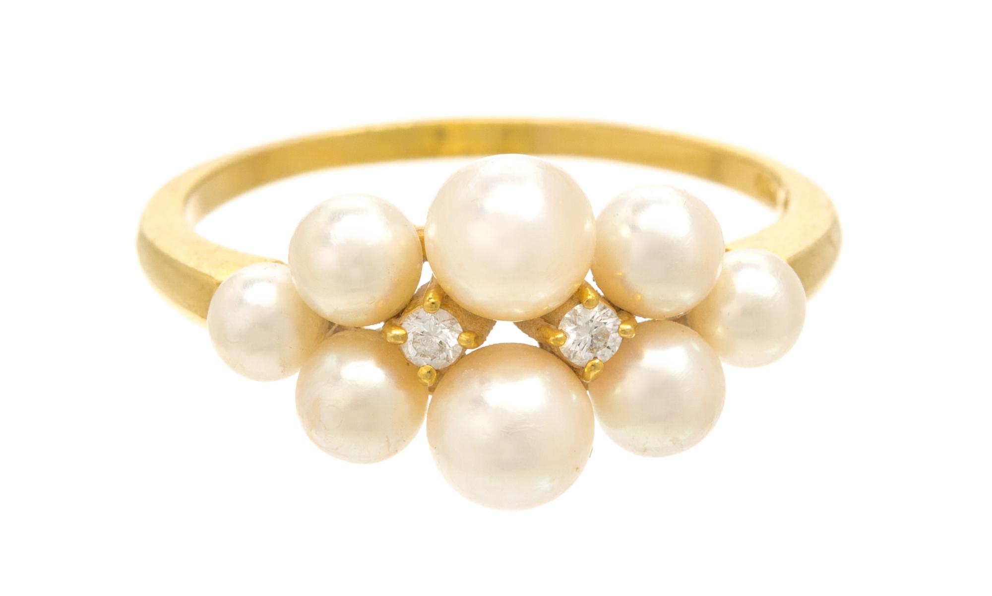 An 18 Karat Yellow Gold, Cultured Pearl and Diamond Ring, Mikimoto, 2.60 dwts.
