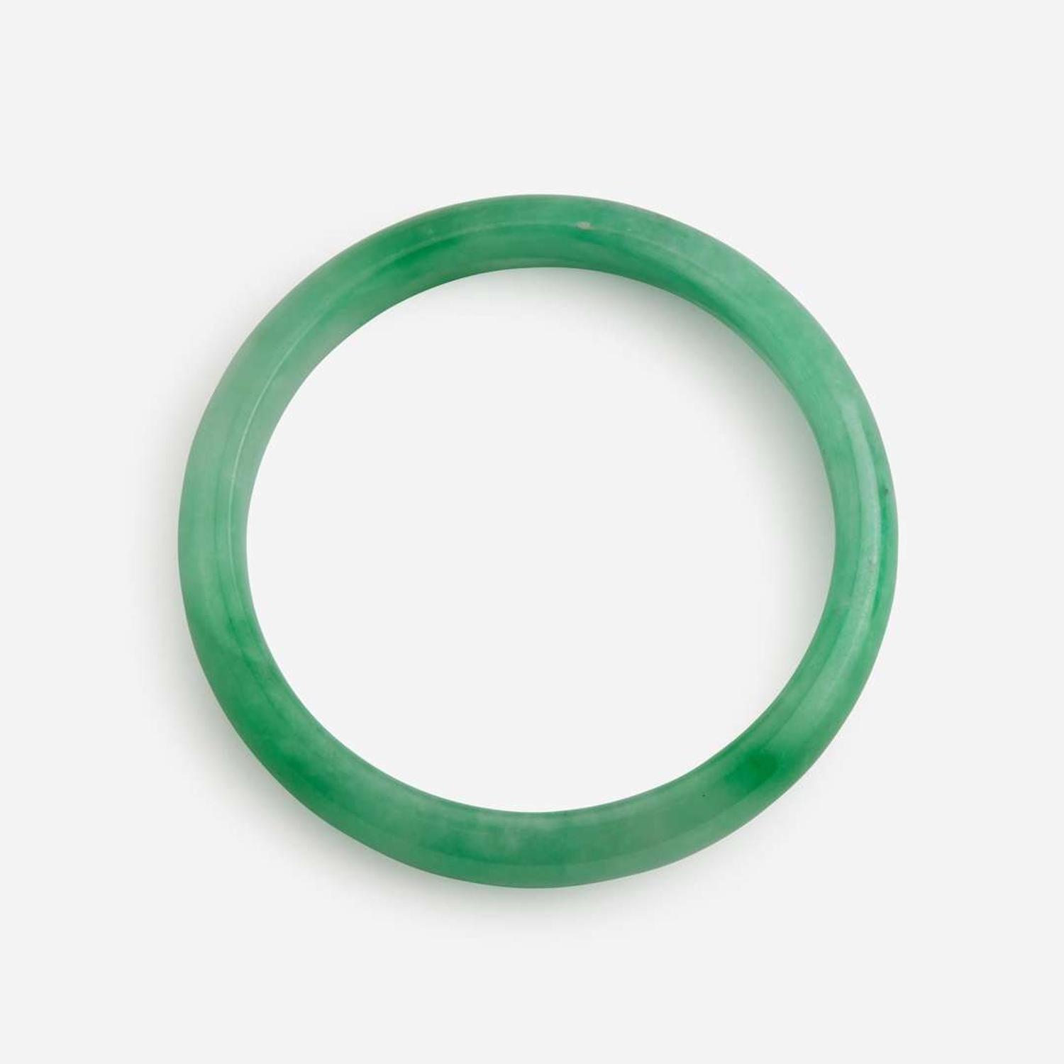 Two jadeite bangles with straight interiors 翡翠平安镯一组两件