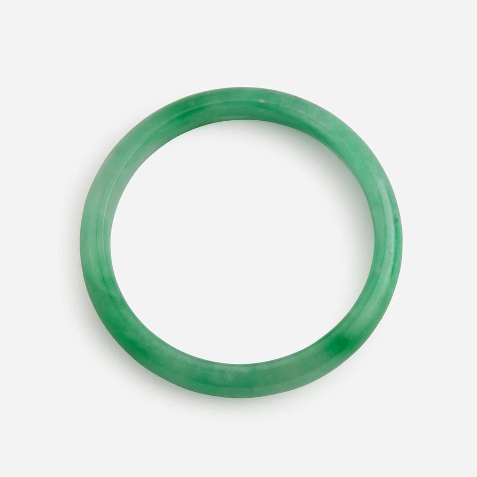Two jadeite bangles with straight interiors 翡翠平安镯一组两件