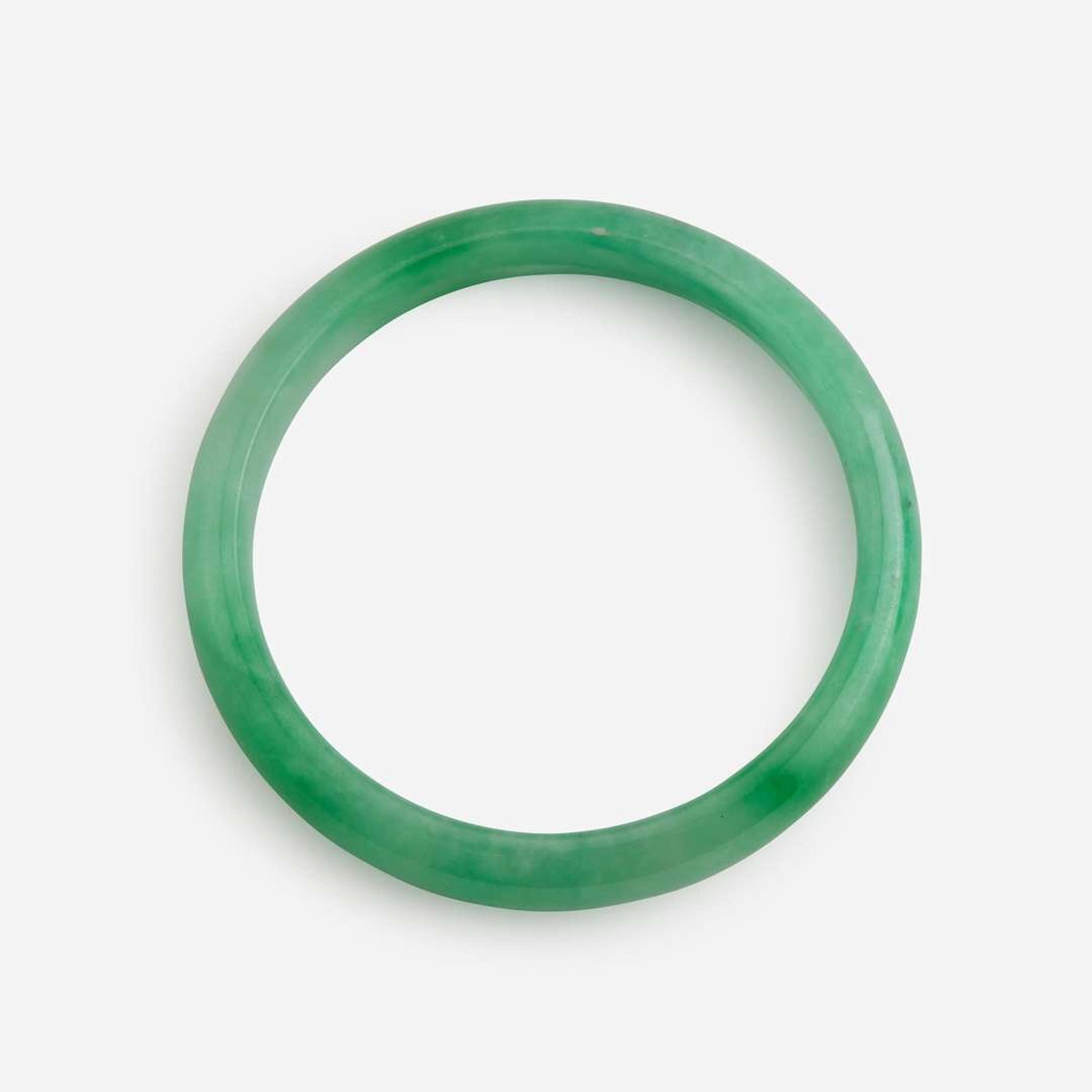 Two jadeite bangles with straight interiors 翡翠平安镯一组两件