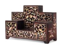 An Export Mother-of-Pearl Inlaid Carved and Reticulated Hardwood Inkwell