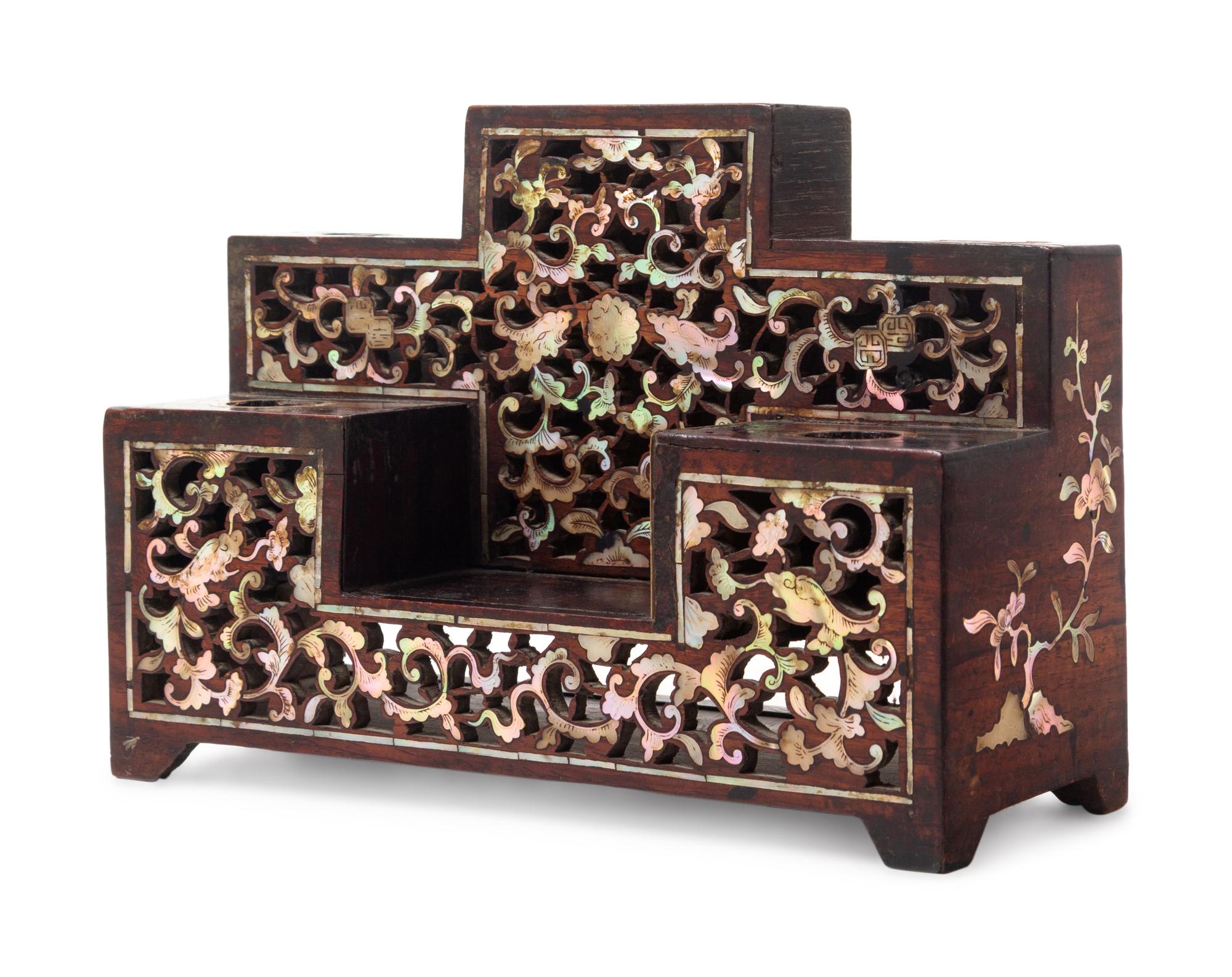 An Export Mother-of-Pearl Inlaid Carved and Reticulated Hardwood Inkwell