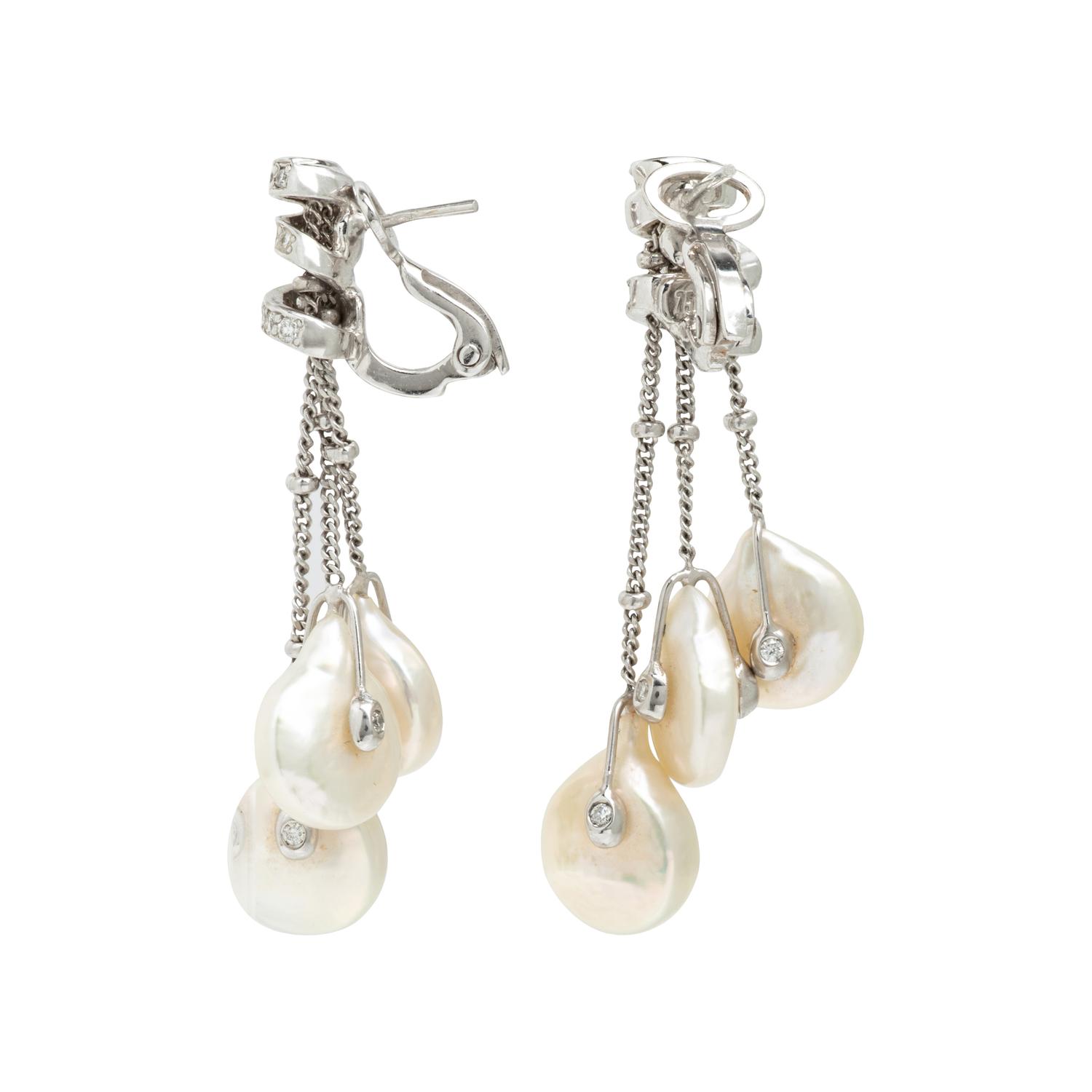 Yvel, Cultured Coin Pearl, Diamond, and White Gold Tassel Earrings