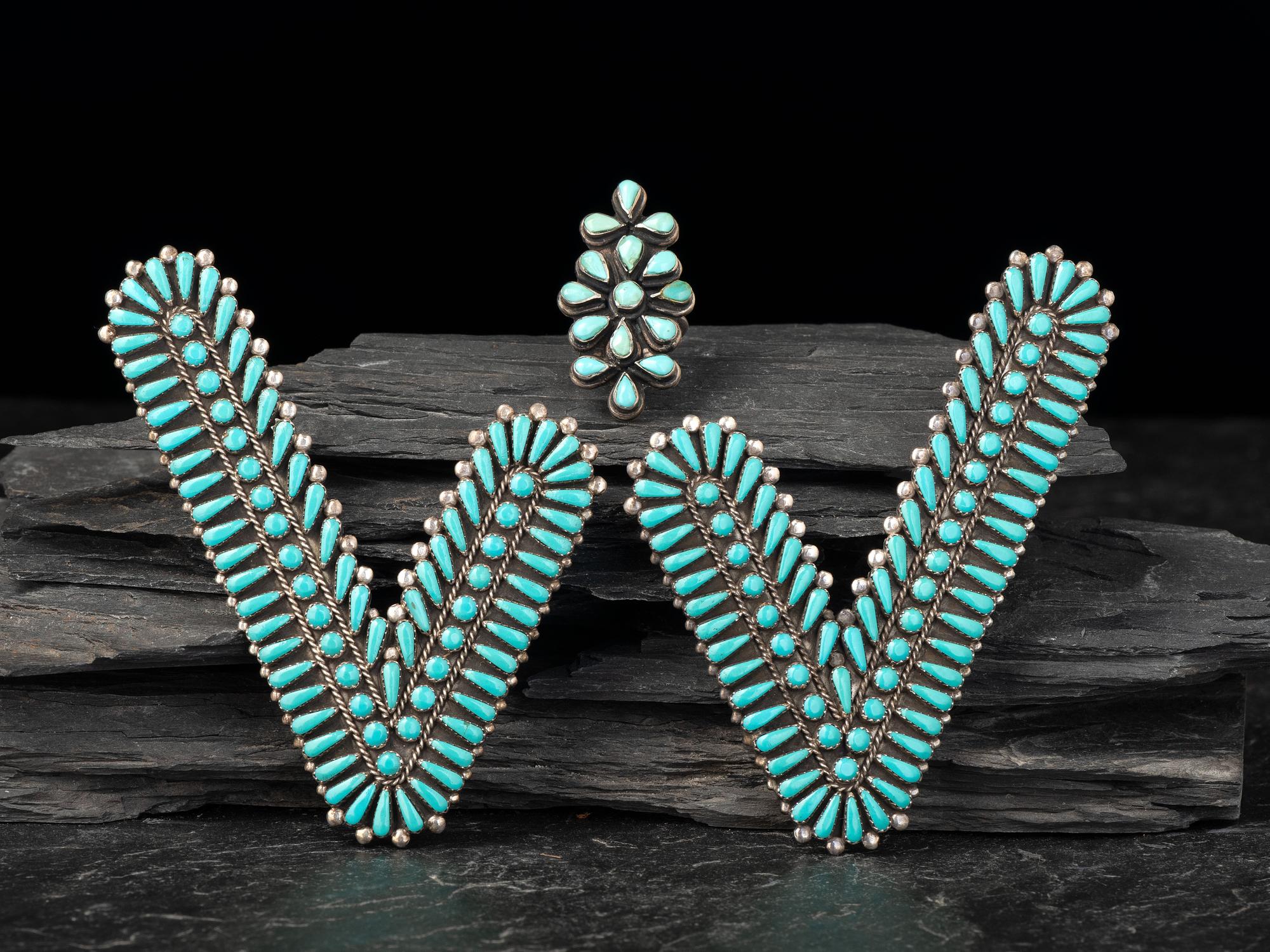 Navajo or Zuni Silver and Turquoise Cluster Ring and Collar Points