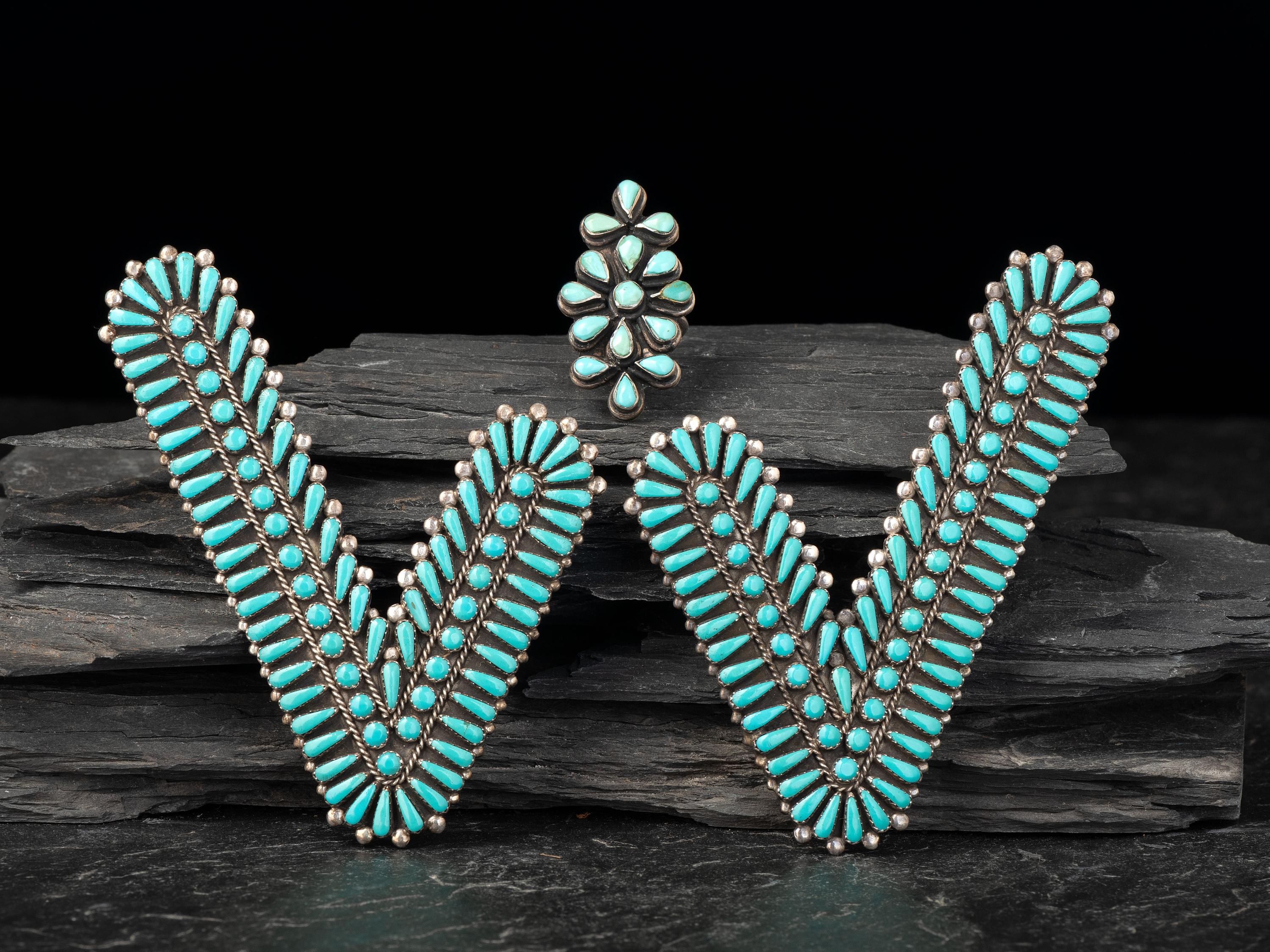 Navajo or Zuni Silver and Turquoise Cluster Ring and Collar Points