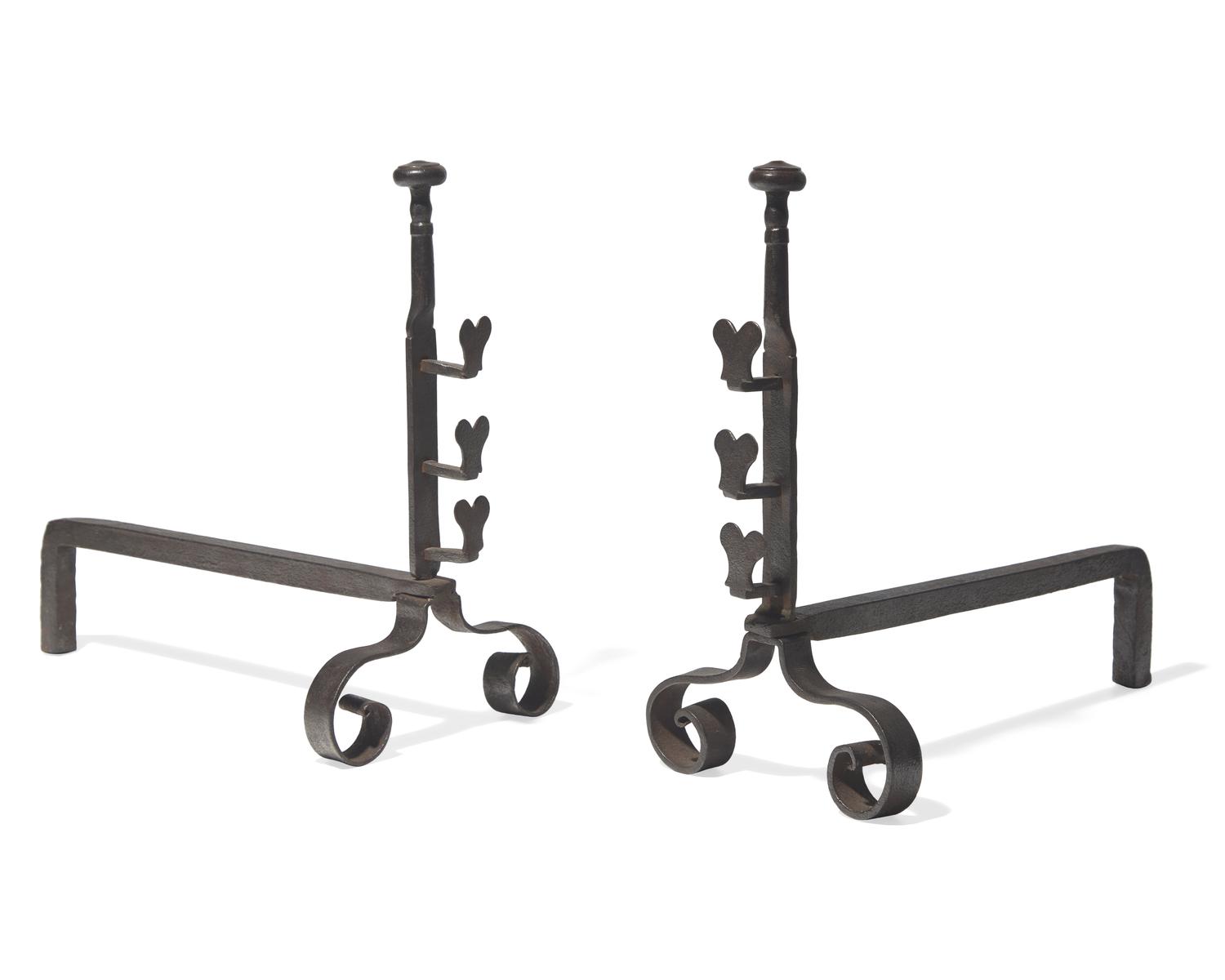 A Small Pair of Wrought Iron Andirons with Hearts, Probably French, 18th Century
