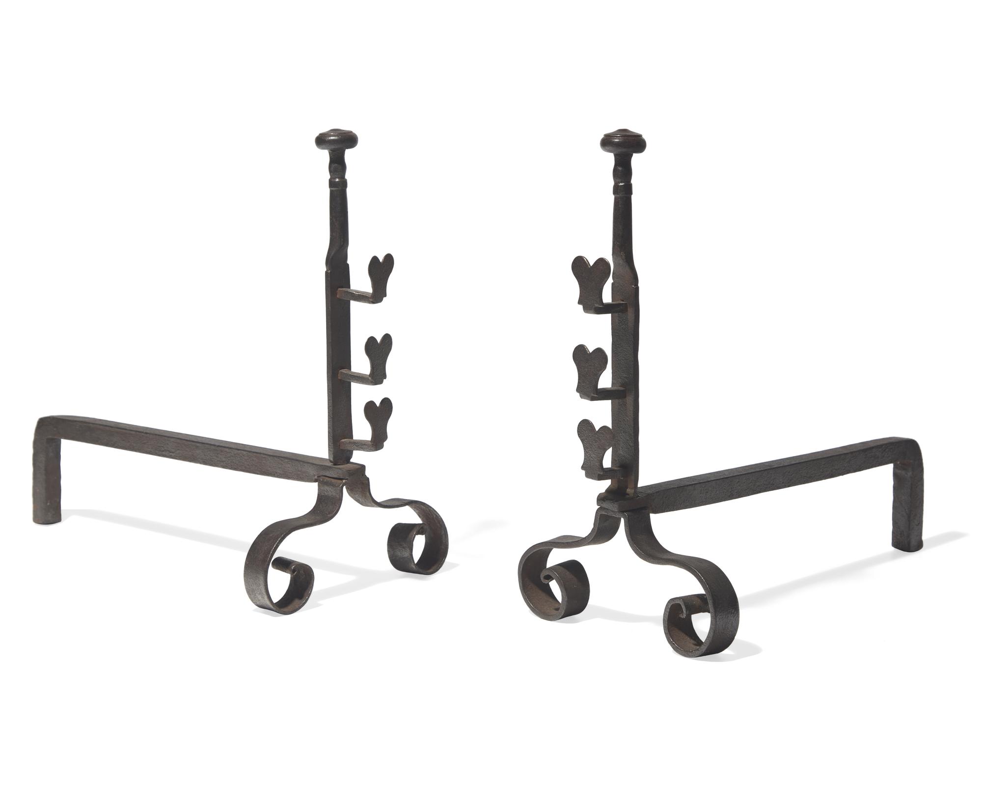 A Small Pair of Wrought Iron Andirons with Hearts, Probably French, 18th Century