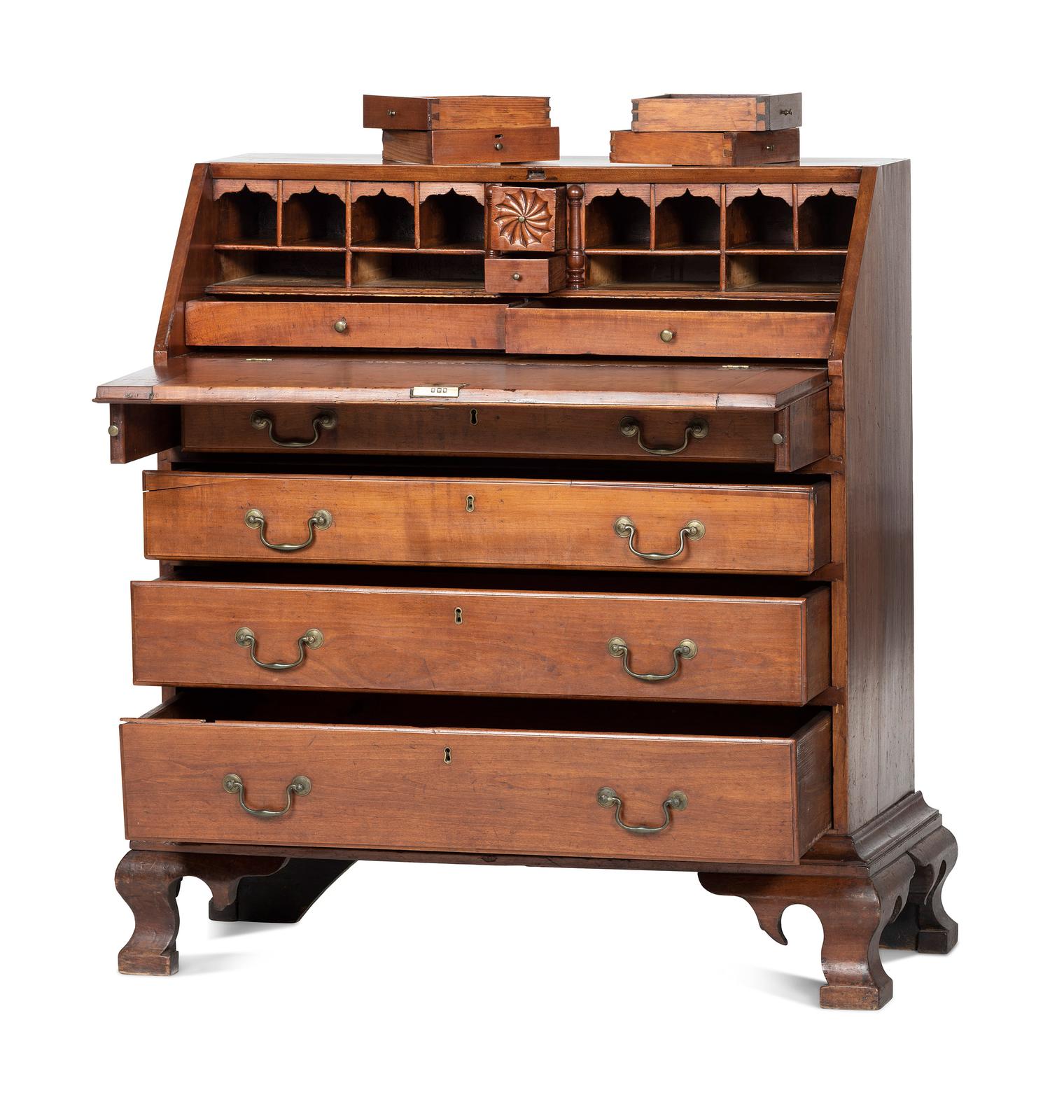 A Chippendale Carved Cherrywood Slant-Front Desk