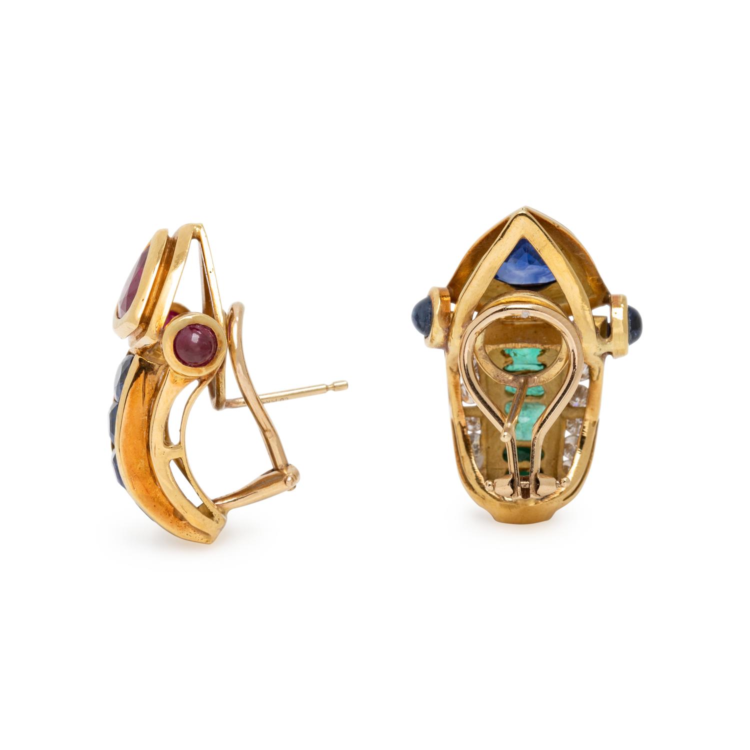RUBY, SAPPHIRE, EMERALD, AND DIAMOND EARRINGS