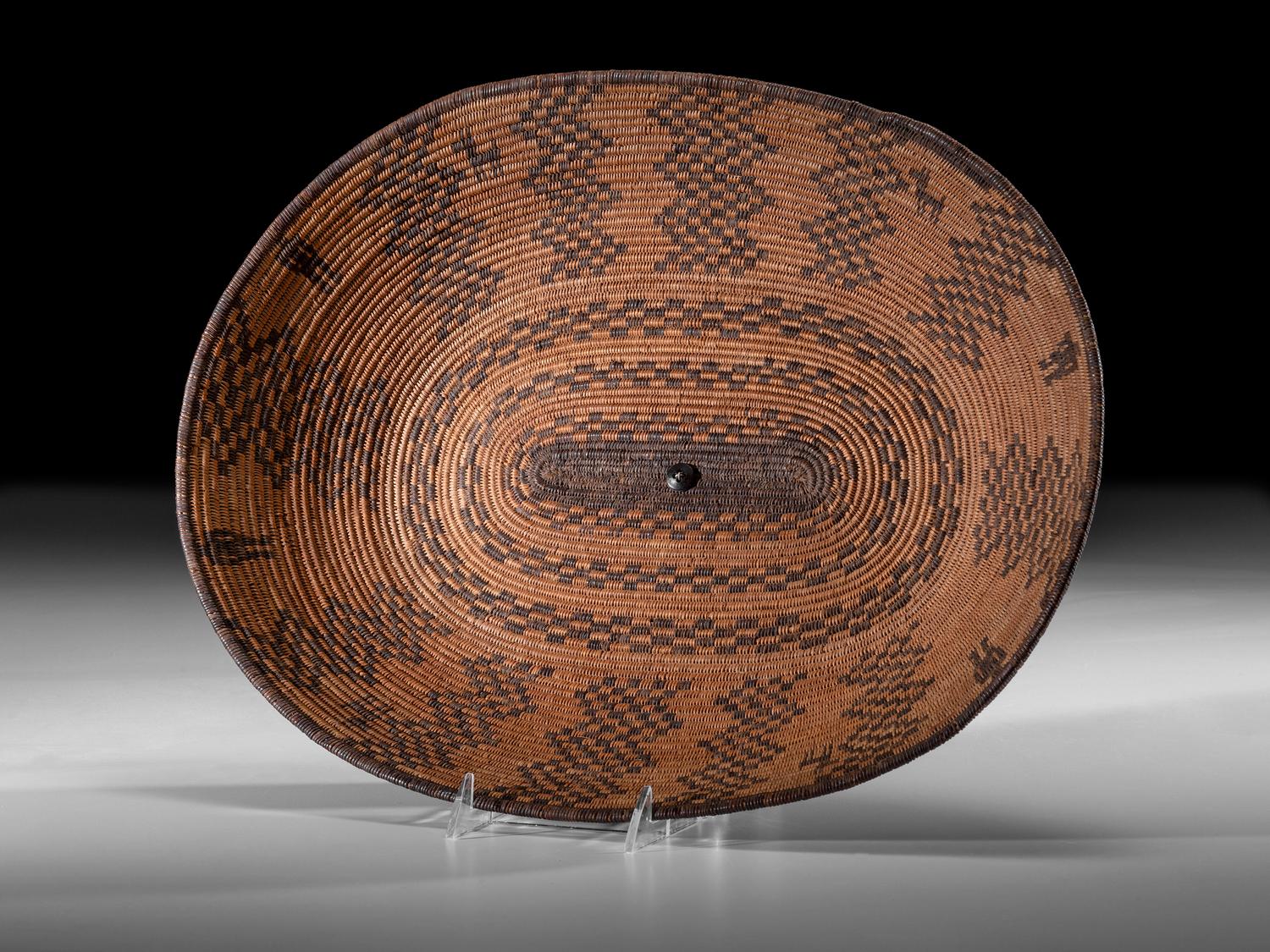 Apache Figural Basketry Tray, with Humans and Dogs