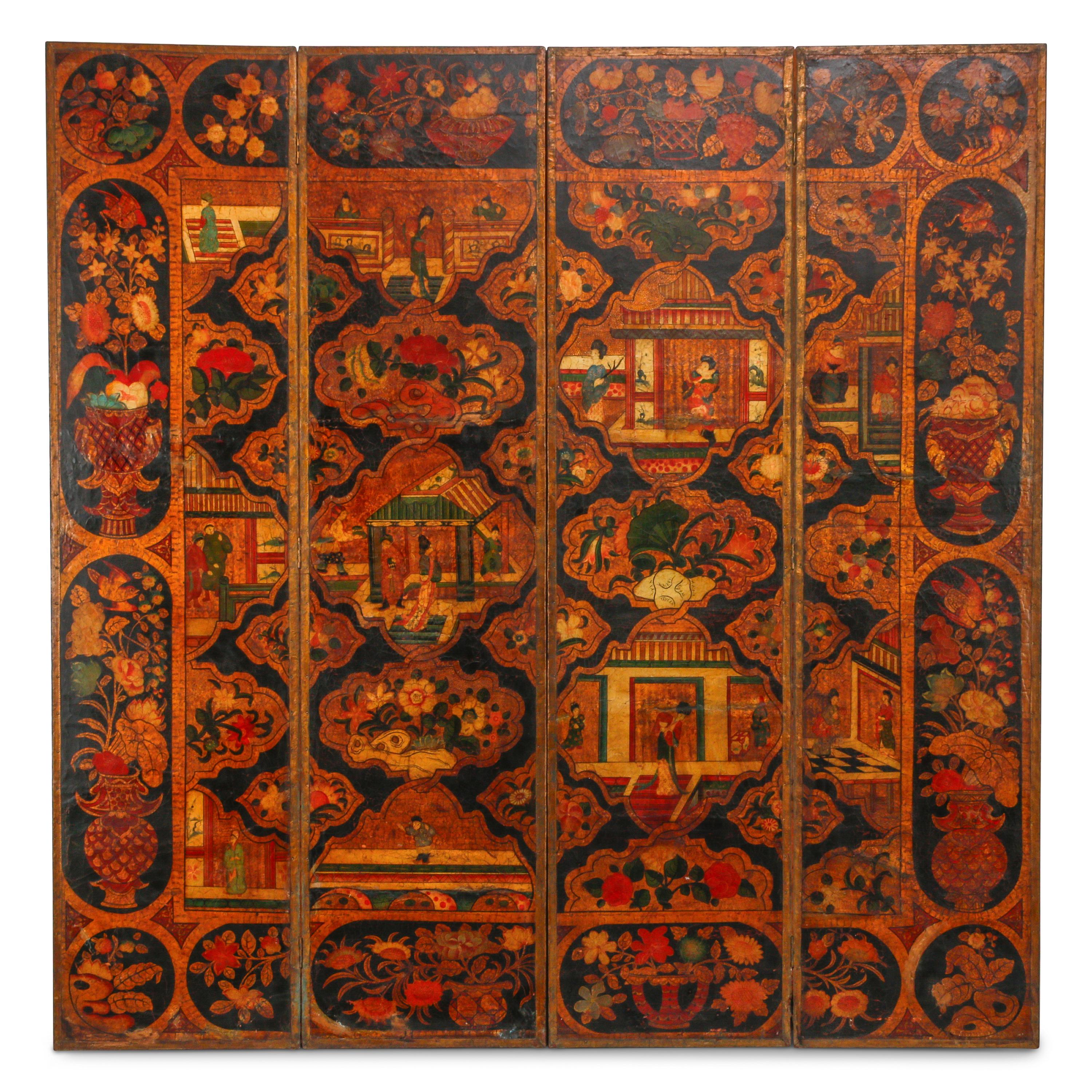 A Pair of Painted Leather Four-Panel Screens