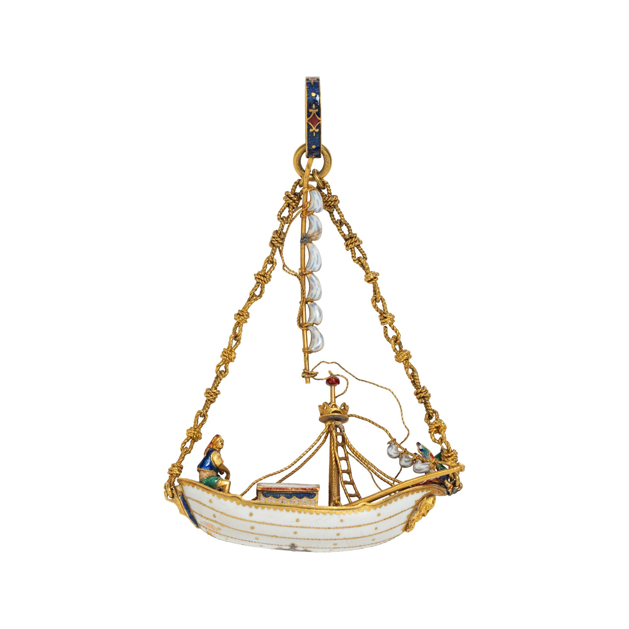 RENAISSANCE, YELLOW GOLD AND POLYCHROME ENAMEL SHIP PENDANT