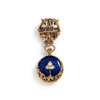 TIFFANY & CO., ANTIQUE, 18K YELLOW GOLD, ENAMEL AND DIAMOND OPEN FACE LAPEL WATCH