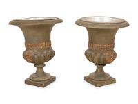 A Pair of Campana Form Painted and Parcel Gilt Ceramic Urns