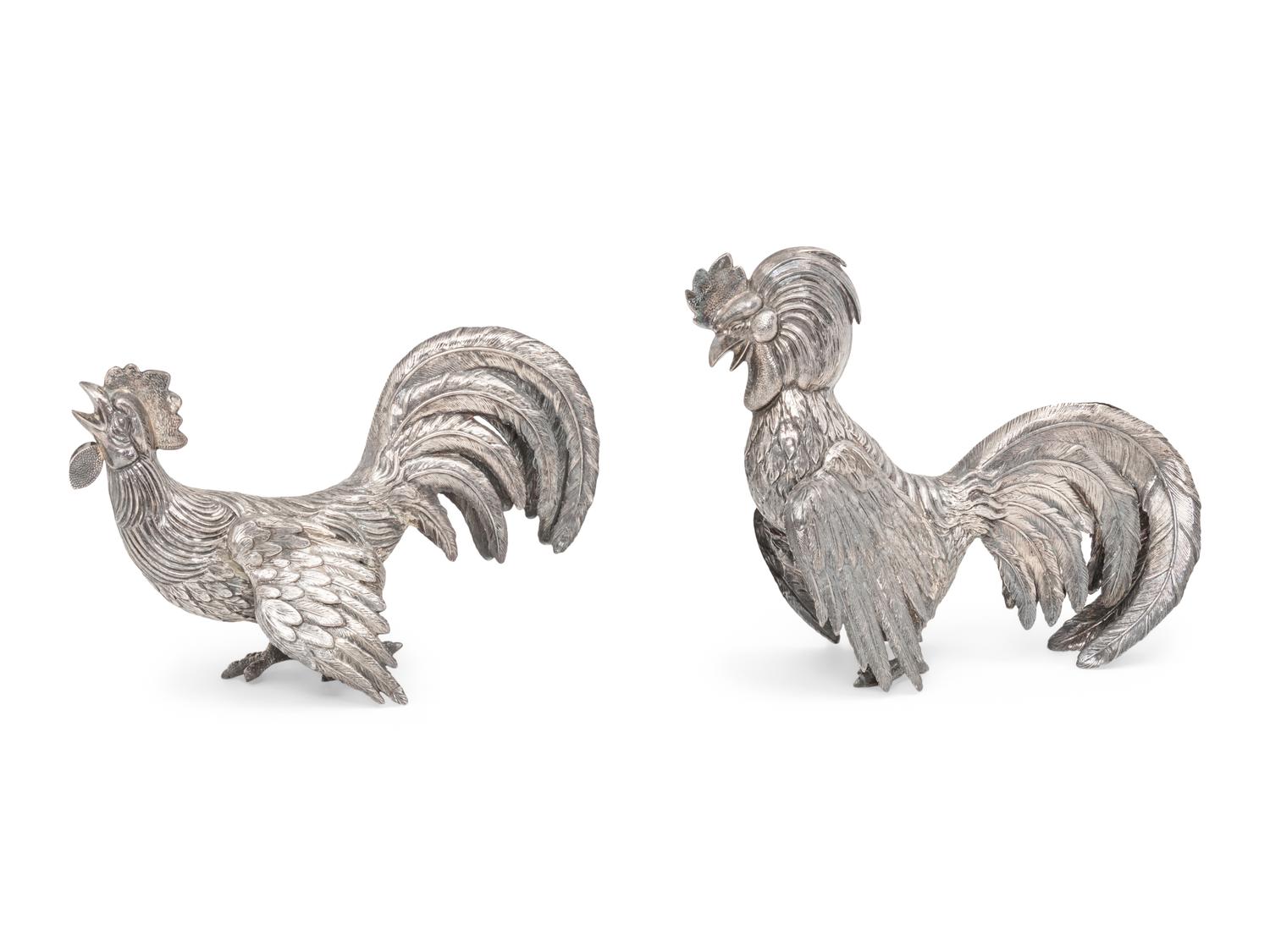A Pair of Spanish Silver Cockerels