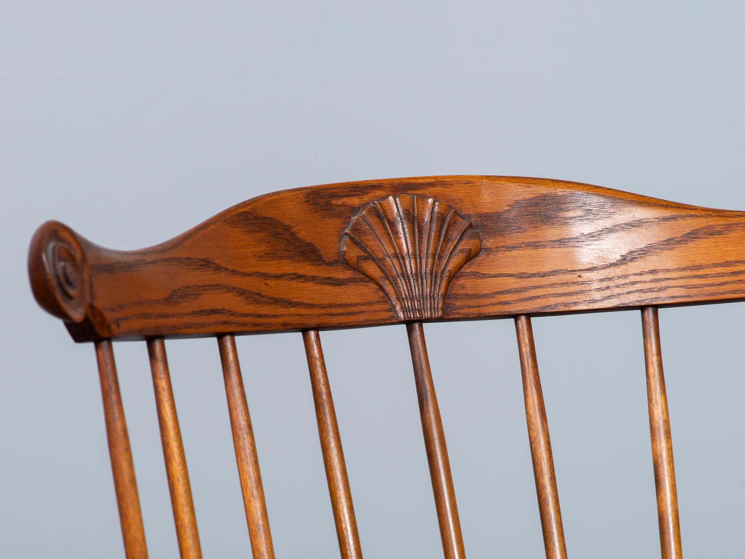A D.R. Dimes Benchmark Turned and Volute Carved Tiger Maple and Pine Comb-Back Windsor Armchair
