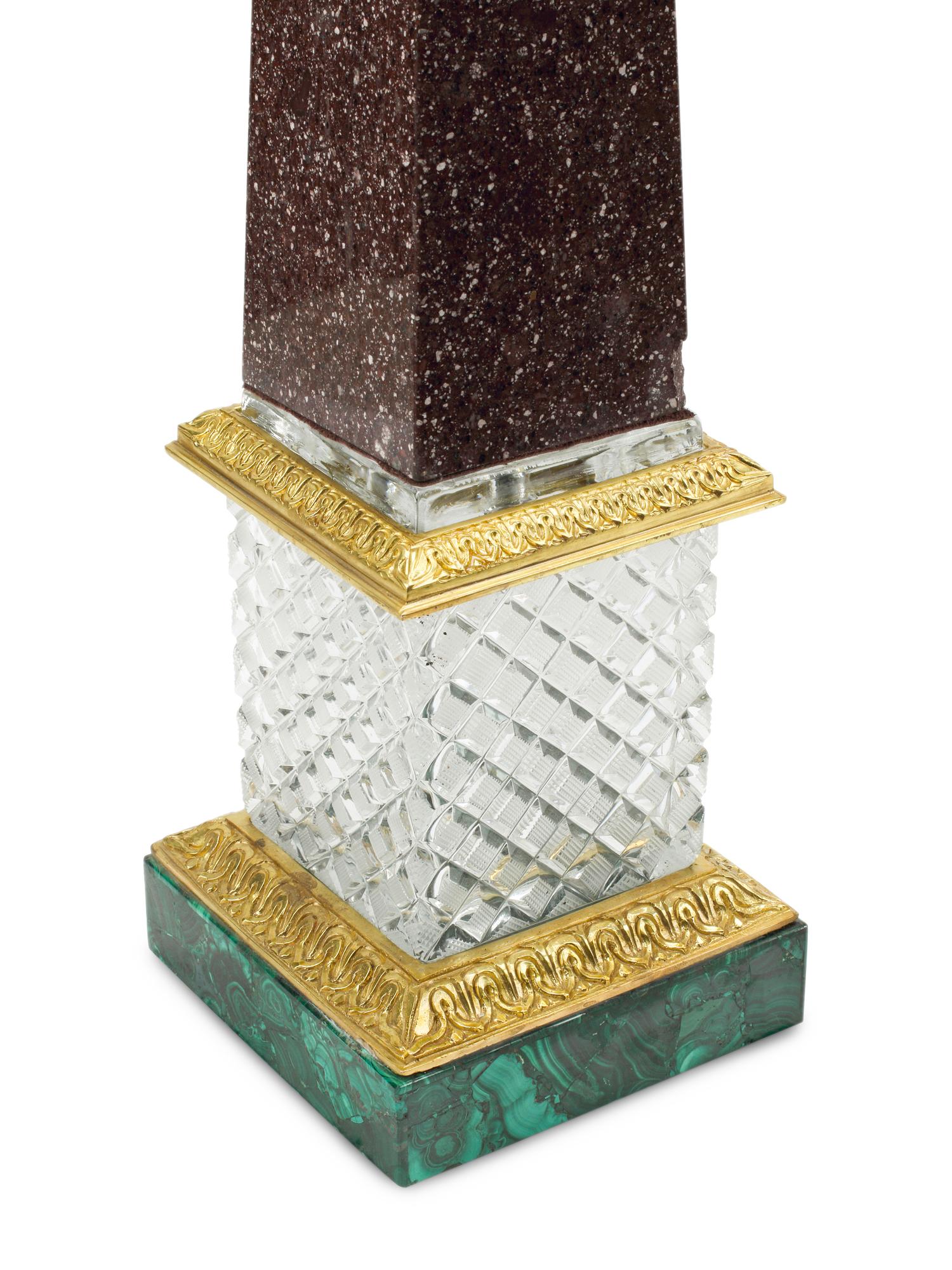 A Pair of Malachite, Cut Glass, Marble and Gilt Bronze Mounted Obelisks