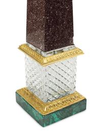 A Pair of Malachite, Cut Glass, Marble and Gilt Bronze Mounted Obelisks
