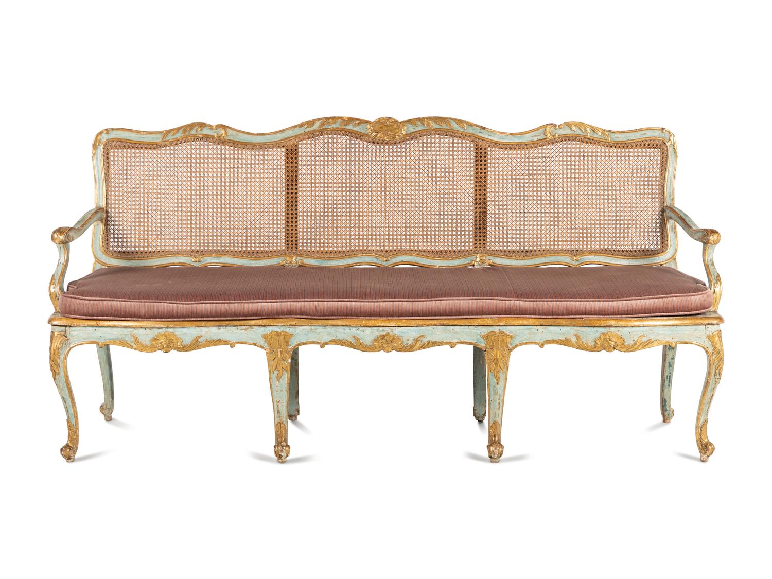 A North Italian Blue Painted and Parcel Gilt Settee