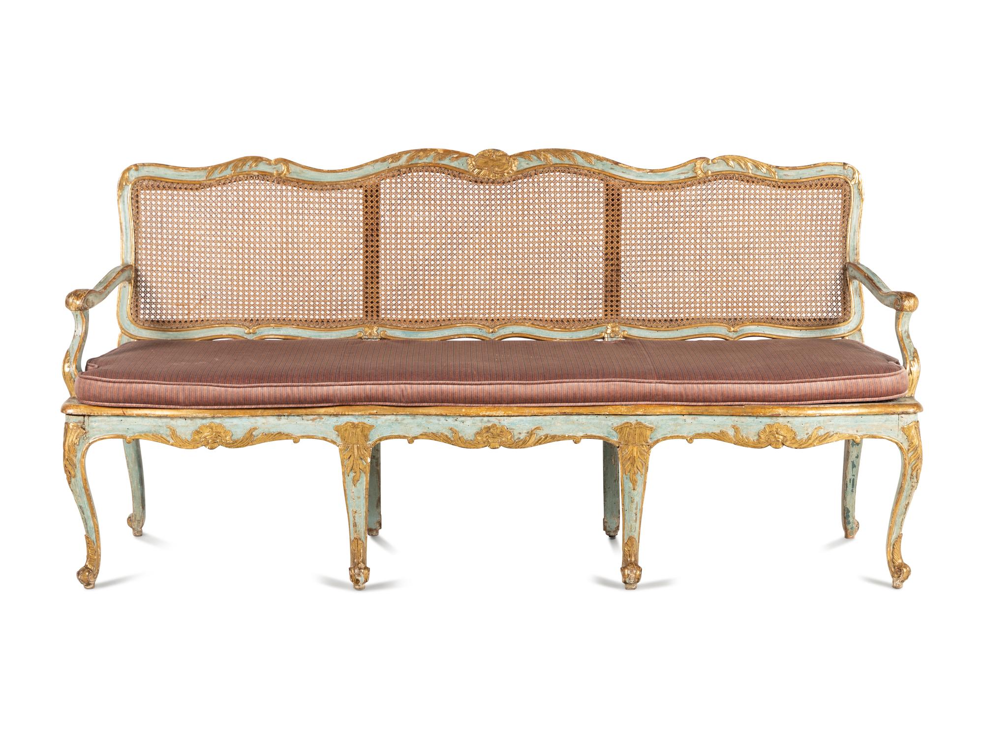 A North Italian Blue Painted and Parcel Gilt Settee
