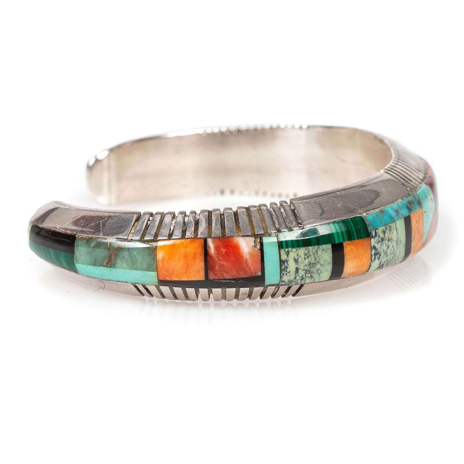 Matching Sterling Silver and Mosaic Inlay Cuff Bracelet and Figural Necklace