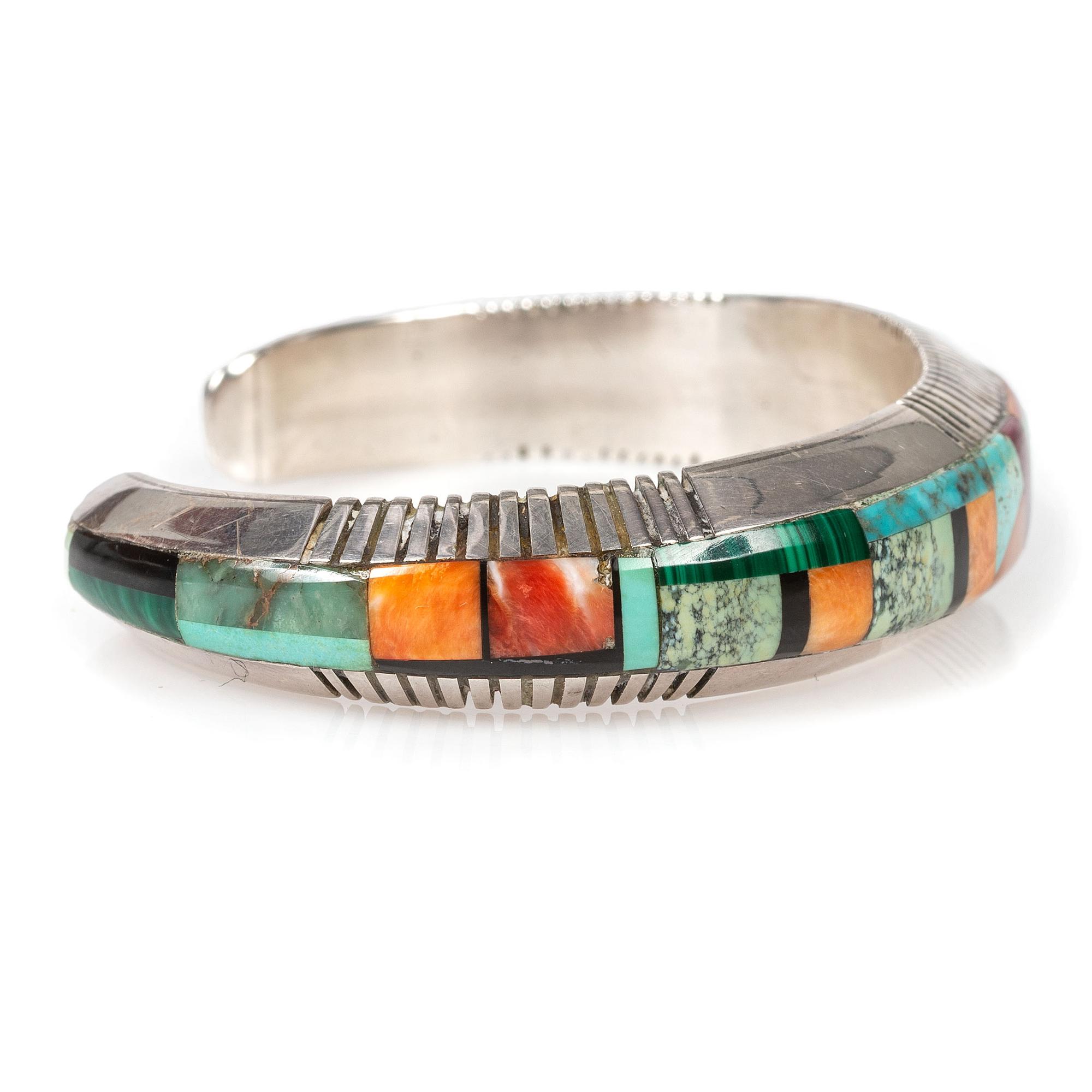 Matching Sterling Silver and Mosaic Inlay Cuff Bracelet and Figural Necklace