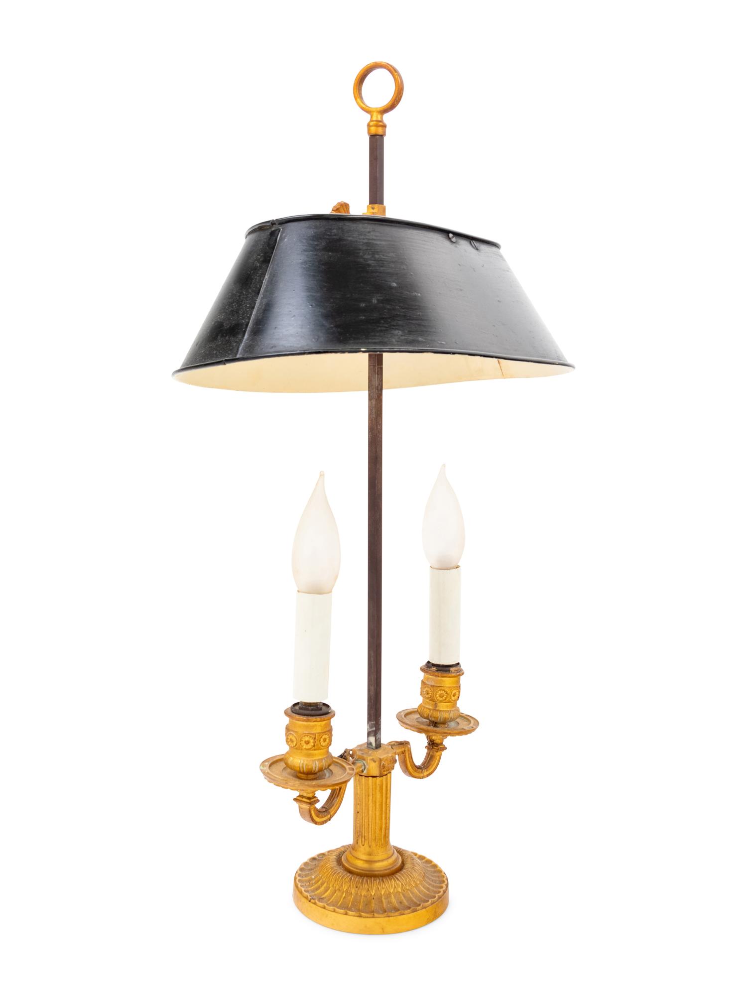 An Empire Style Gilt Bronze Two-Light Bouillotte Lamp with a Tôle Shade