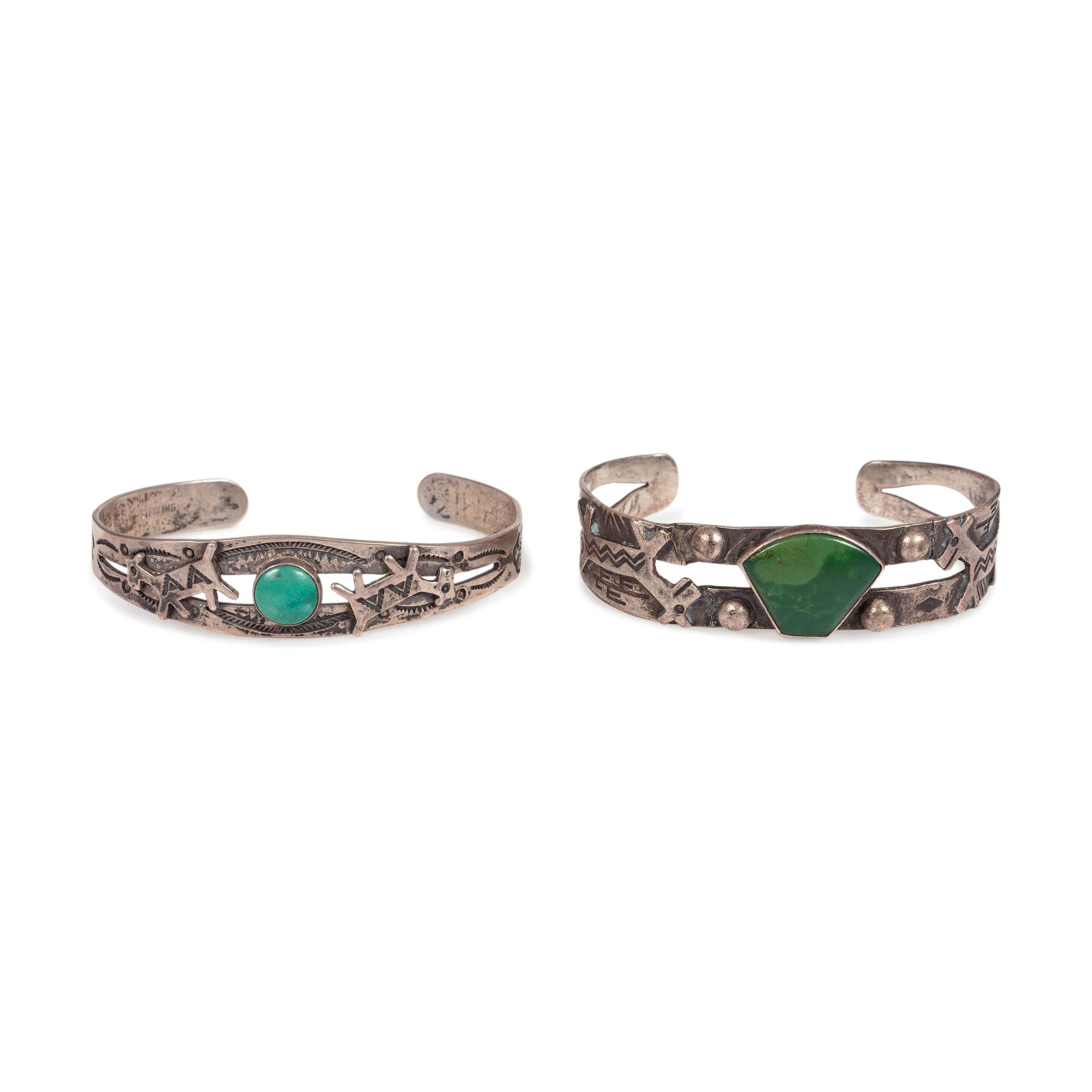 Fred Harvey Era Silver and Turquoise Cuff Bracelets, with Canine Motif