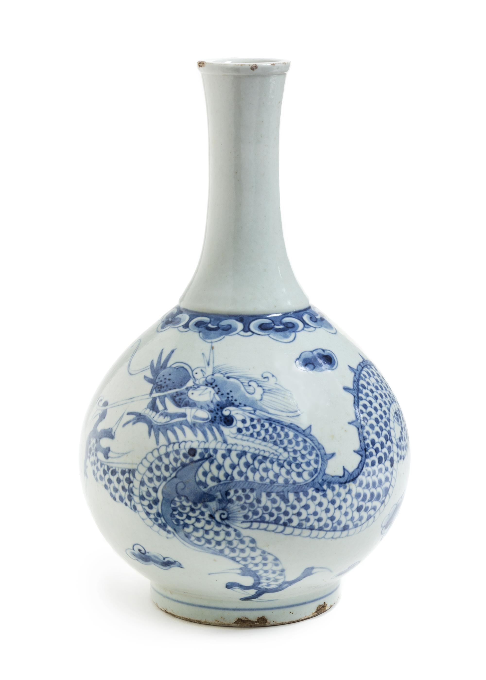 A Korean Blue and White Porcelain Bottle Vase Height 11 1/2 inches.