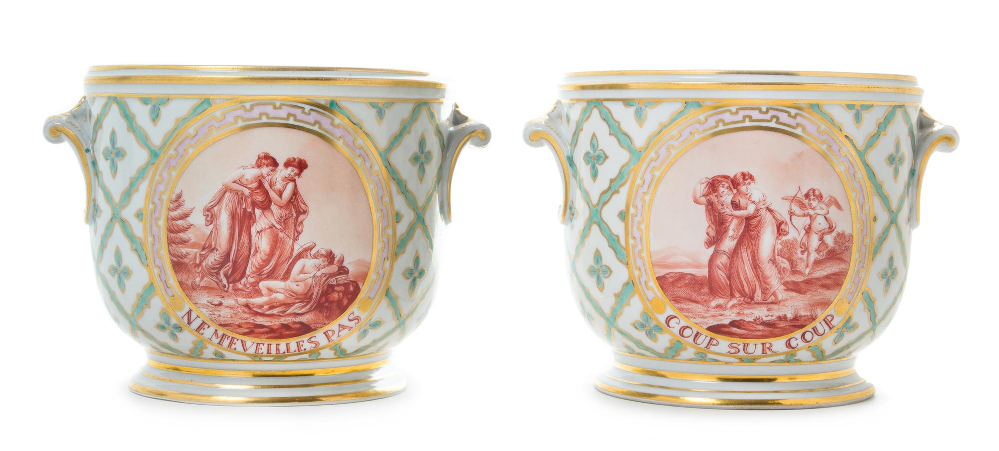 A Pair of Russian Porcelain Twin-Handled Cache Pots Height 5 1/4 inches. — LIKELY EARLY 20TH CENTURY