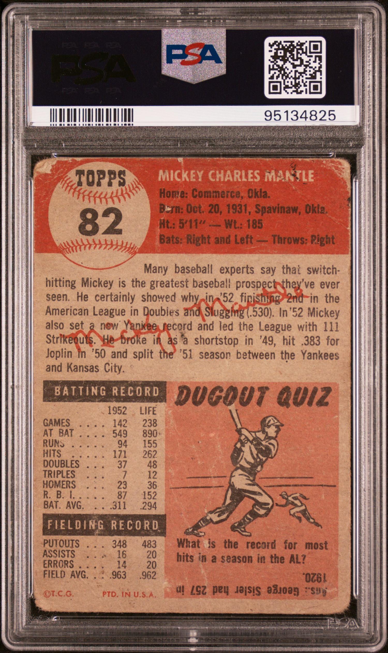 A 1953 Topps Mickey Mantle Baseball Card No. 82 (PSA 1)