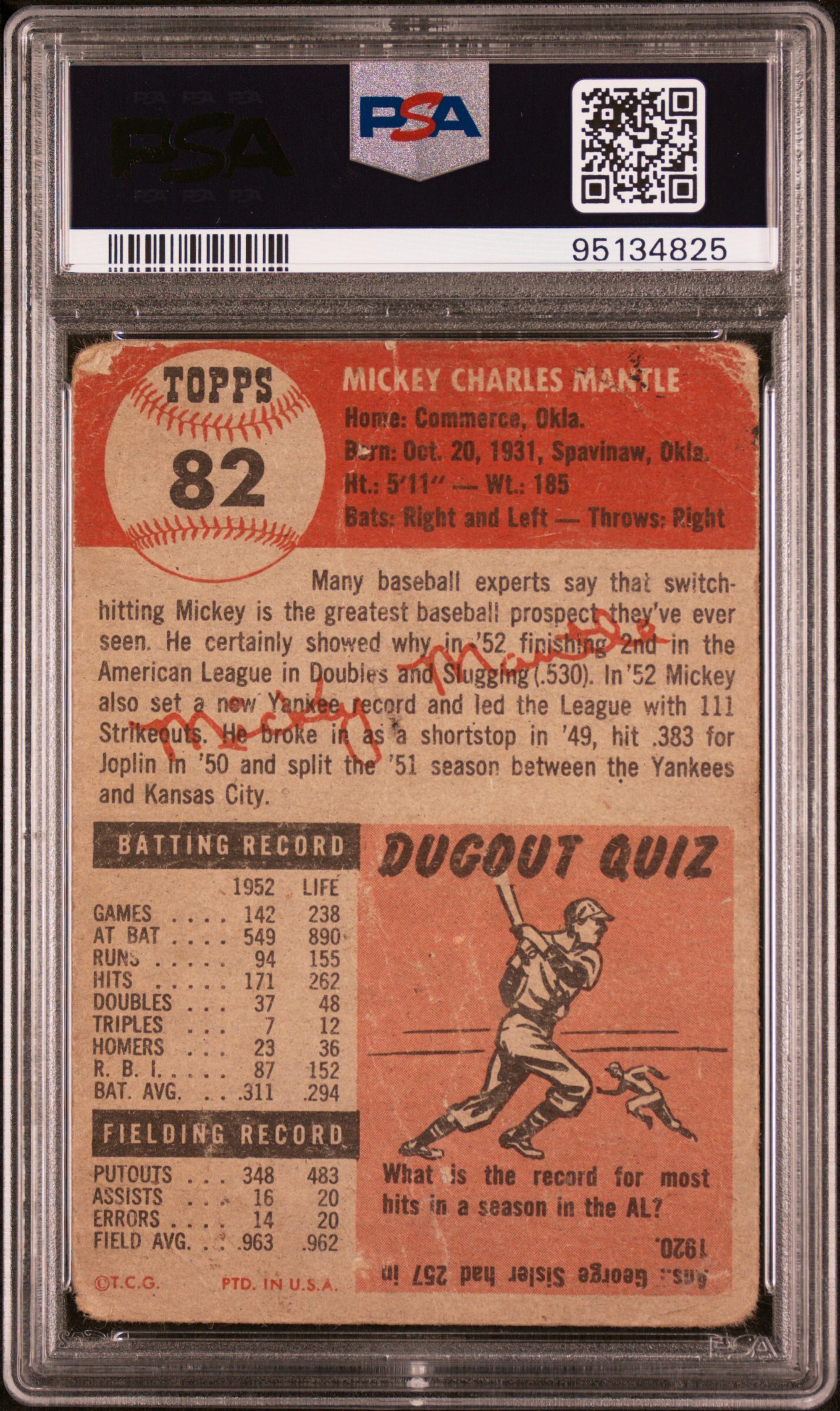 A 1953 Topps Mickey Mantle Baseball Card No. 82 (PSA 1)