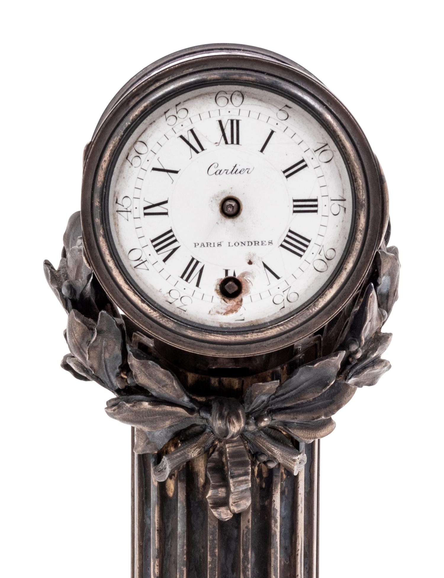 A Cartier Louis XVI Style Silver-Gilt and Guilloché Enamel Desk Clock and Barometer