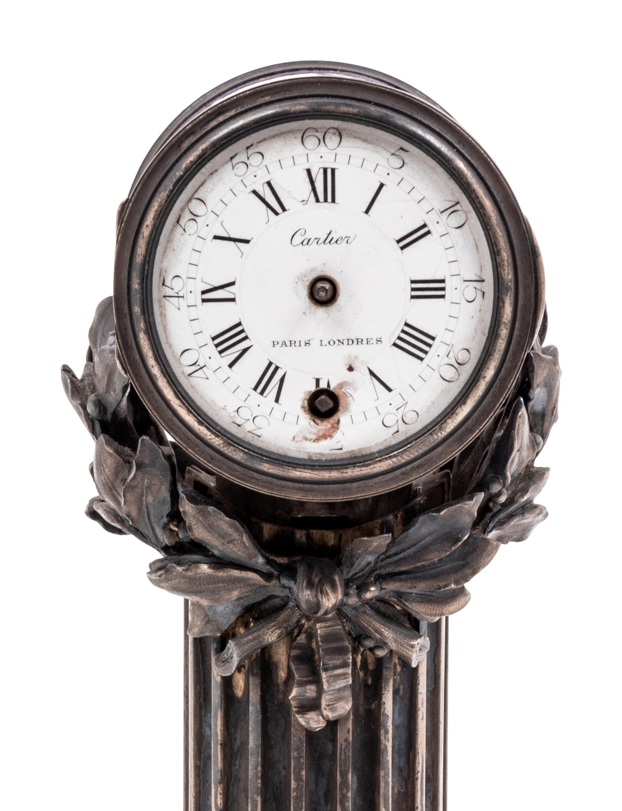 A Cartier Louis XVI Style Silver-Gilt and Guilloché Enamel Desk Clock and Barometer